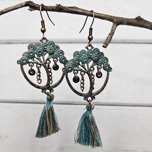 Artesian Pair of Copper Dangle Earrings Tree of Life with multi color Tassel